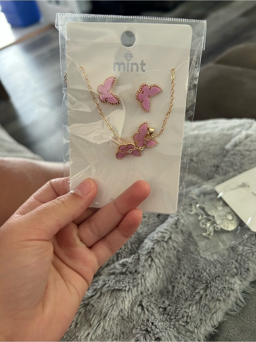 4/$50 Mint Pink Butterfly Necklace and Stud Earring Set